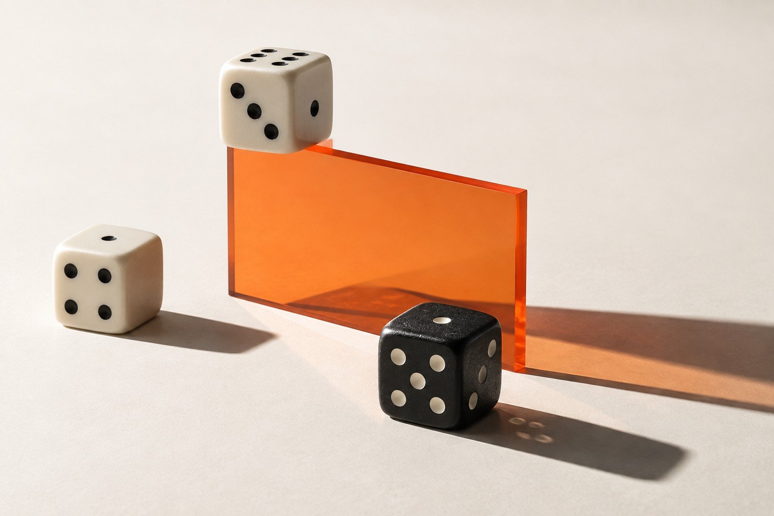 Chance, in perspective Ivory and charcoal dice beside an orange panel