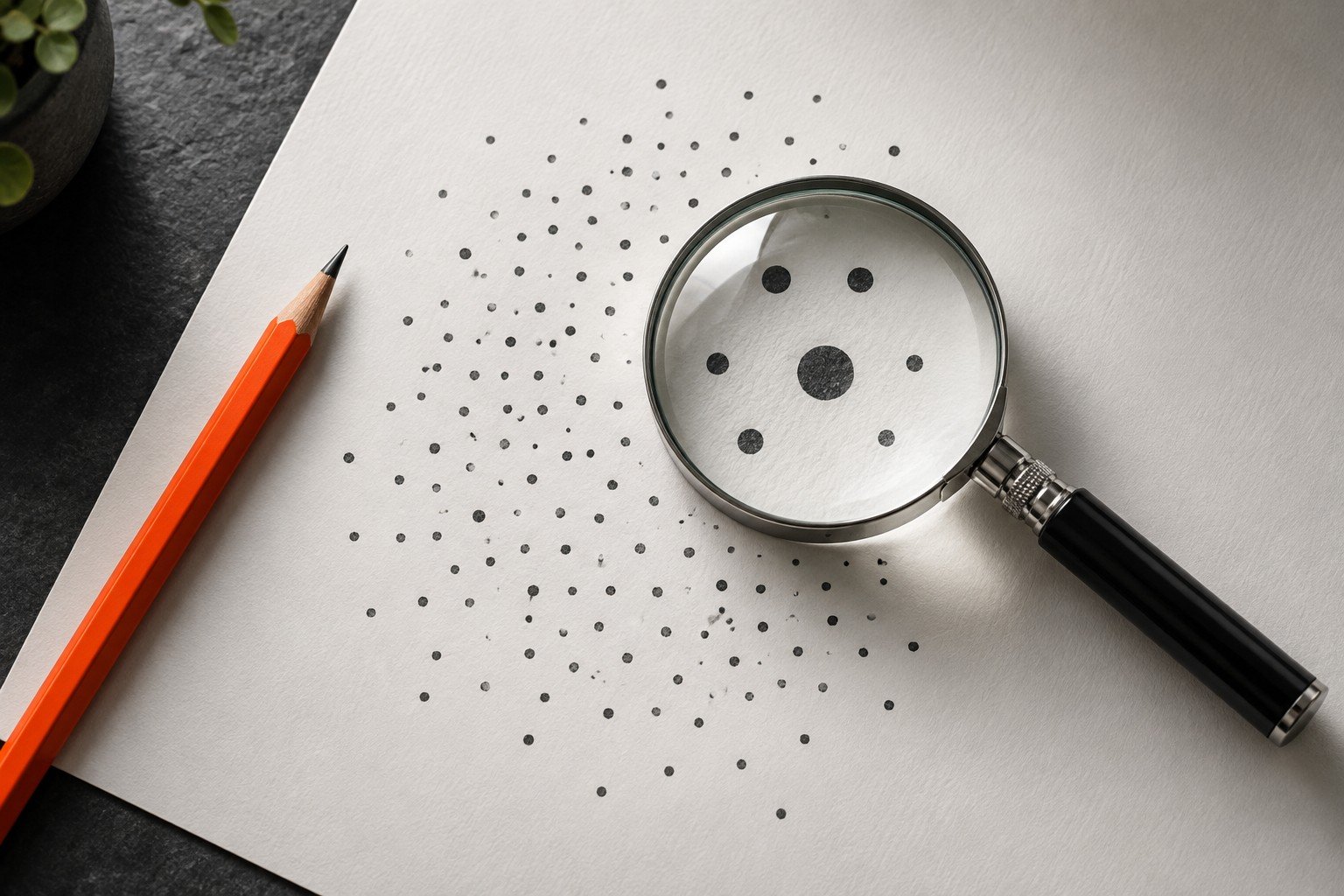 A magnifying glass enlarges a few dots on paper beside an orange pencil.
